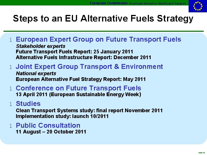 European Commission, Directorate General for Mobility and Transport Steps to an EU Alternative Fuels