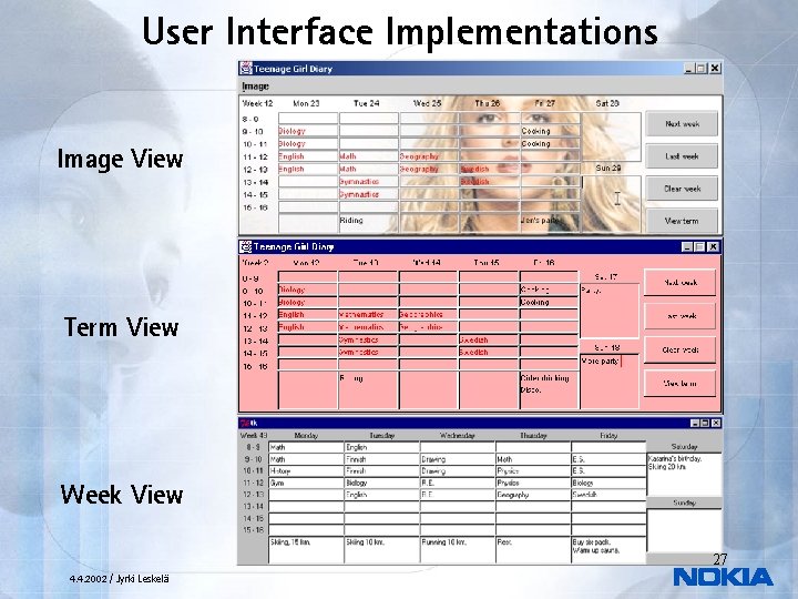 User Interface Implementations Image View Term View Week View 27 4. 4. 2002 /