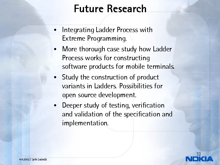 Future Research Integrating Ladder Process with Extreme Programming. • More thorough case study how