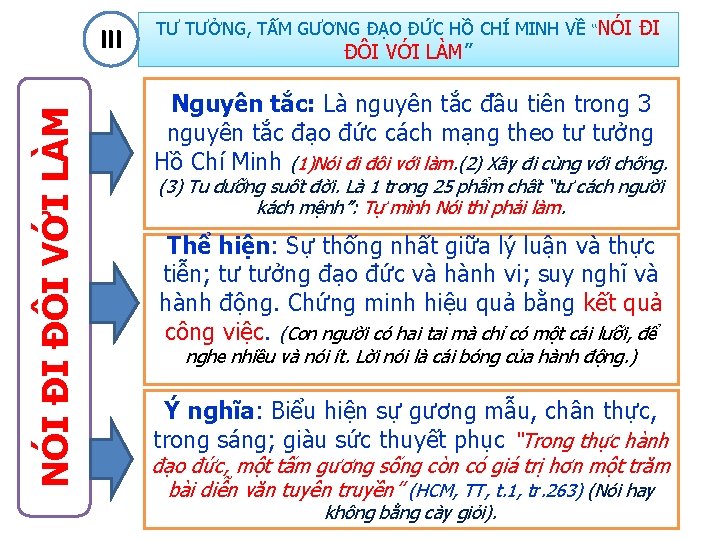 NÓI ĐI ĐÔI VỚI LÀM III TƯ TƯỞNG, TẤM GƯƠNG ĐẠO ĐỨC HỒ CHÍ