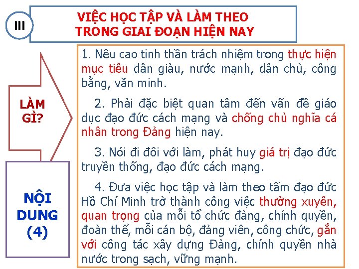 III VIỆC HỌC TẬP VÀ LÀM THEO TRONG GIAI ĐOẠN HIỆN NAY 1. Nêu