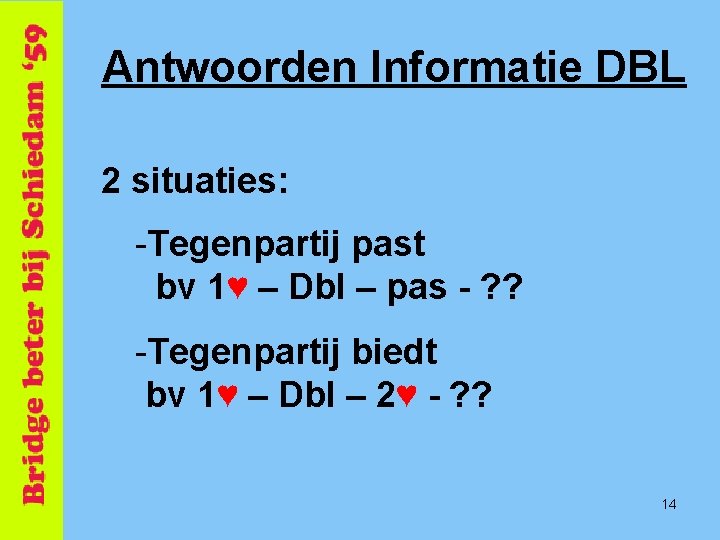 Antwoorden Informatie DBL 2 situaties: -Tegenpartij past bv 1♥ – Dbl – pas -