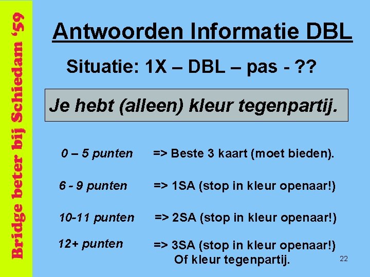 Antwoorden Informatie DBL Situatie: 1 X – DBL – pas - ? ? Je