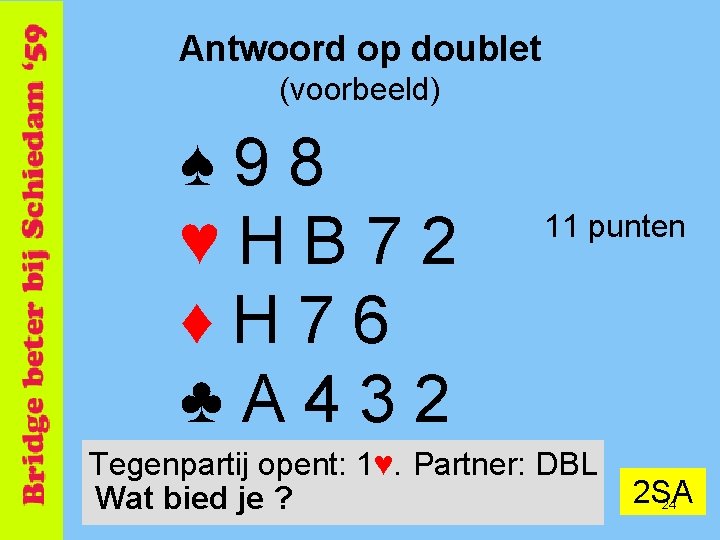 Antwoord op doublet (voorbeeld) ♠ 98 ♥HB 72 ♦H 76 ♣A 432 11 punten