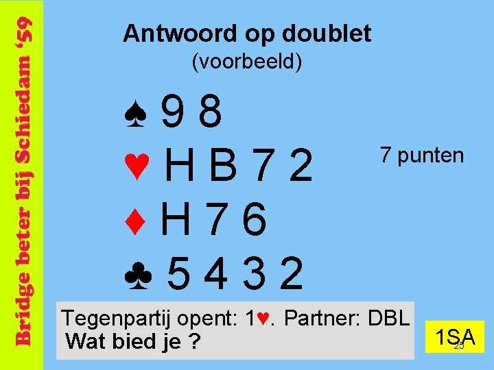 Antwoord op doublet (voorbeeld) ♠ 98 ♥HB 72 ♦H 76 ♣ 5432 7 punten