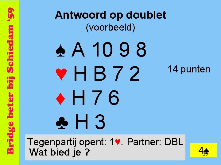 Antwoord op doublet (voorbeeld) ♠ A 10 9 8 ♥HB 72 ♦H 76 ♣H