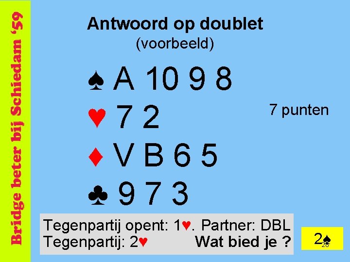 Antwoord op doublet (voorbeeld) ♠ A 10 9 8 ♥ 72 ♦VB 65 ♣