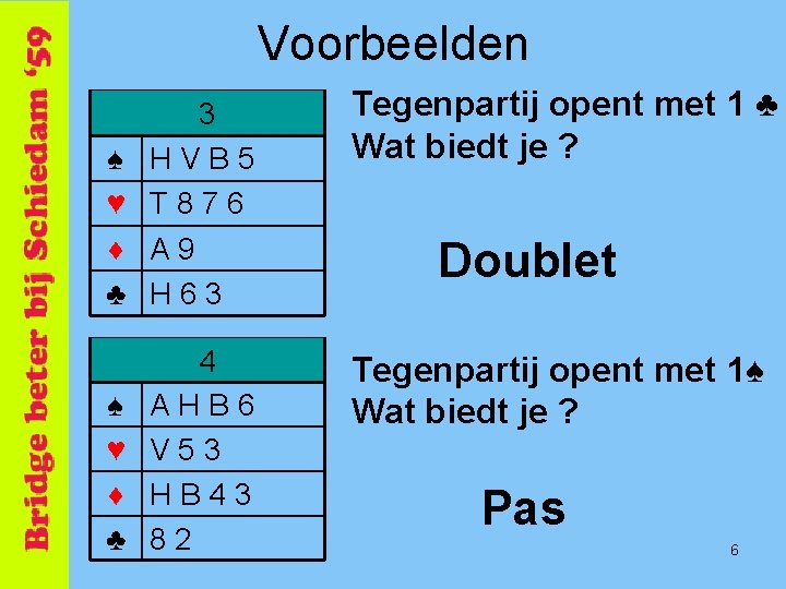 Voorbeelden ♠ ♥ ♦ ♣ 3 HVB 5 T 876 A 9 H 63