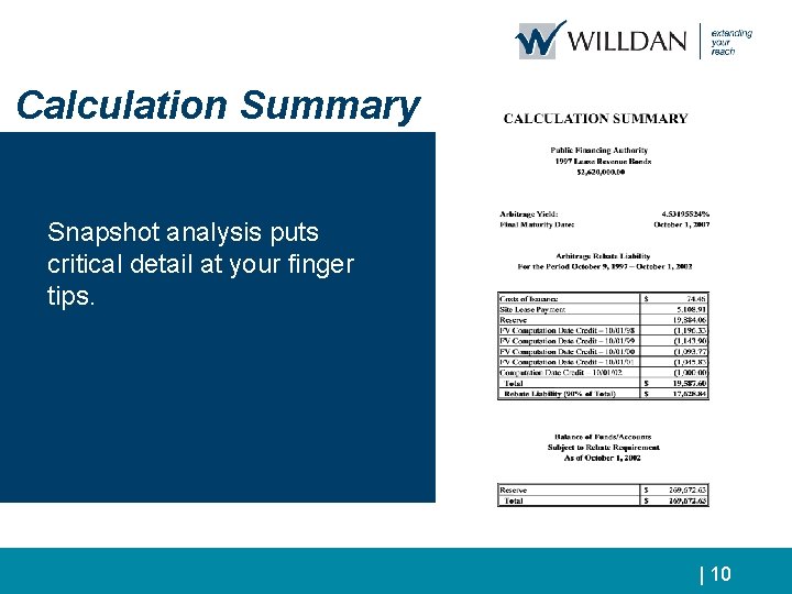 Calculation Summary Snapshot analysis puts critical detail at your finger tips. Continuing Disclosure Issues