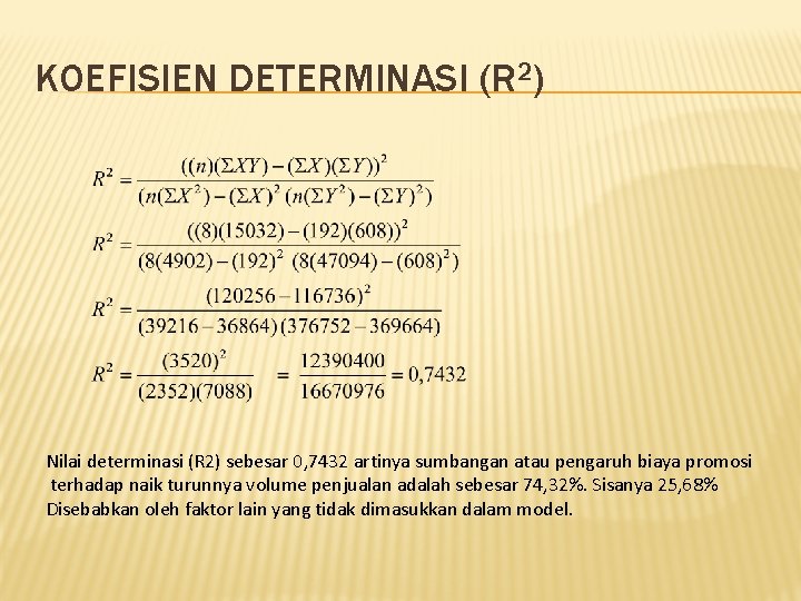 KOEFISIEN DETERMINASI (R 2) Nilai determinasi (R 2) sebesar 0, 7432 artinya sumbangan atau