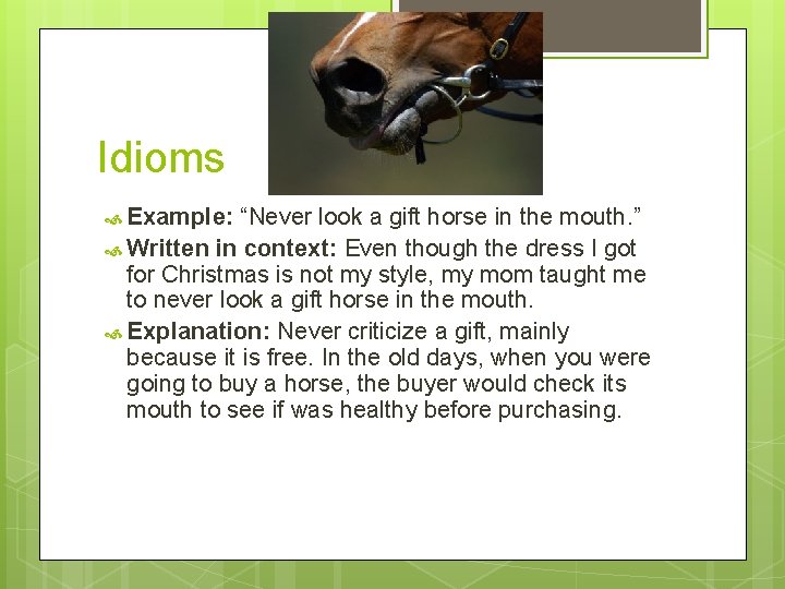 Idioms Example: “Never look a gift horse in the mouth. ” Written in context: