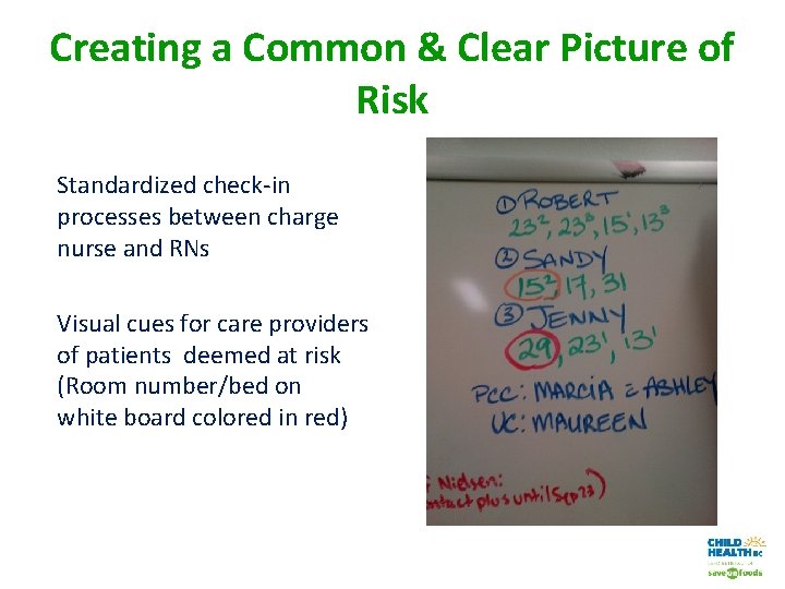 Creating a Common & Clear Picture of Risk Standardized check-in processes between charge nurse