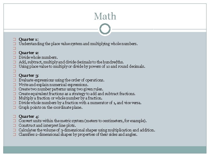 Math � � � � Quarter 1: Understanding the place value system and multiplying