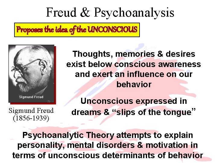 Freud & Psychoanalysis Proposes the idea of the UNCONSCIOUS Thoughts, memories & desires exist