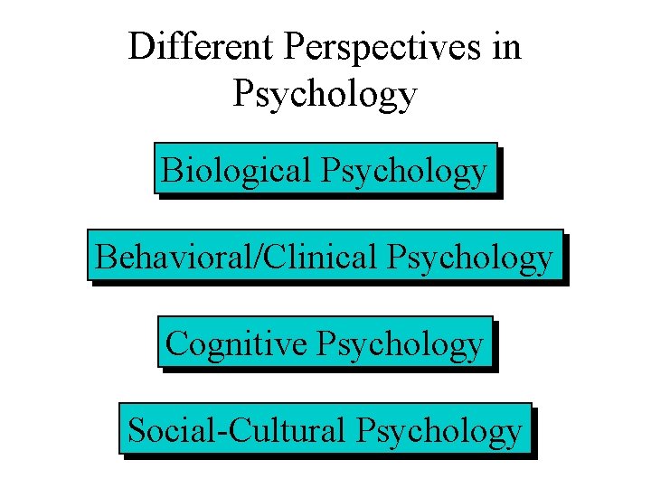 Different Perspectives in Psychology Biological Psychology Behavioral/Clinical Psychology Cognitive Psychology Social-Cultural Psychology 