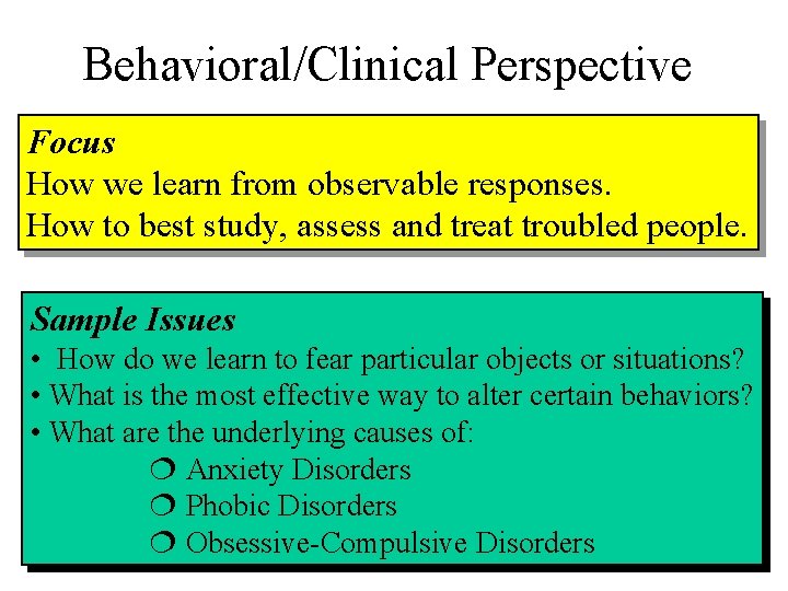 Behavioral/Clinical Perspective Focus How we learn from observable responses. How to best study, assess