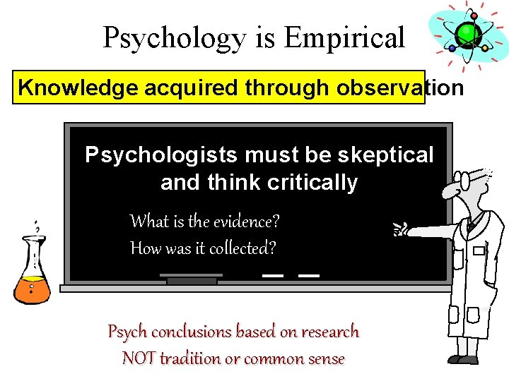 Psychology is Empirical Knowledge acquired through observation Psychologists must be skeptical and think critically