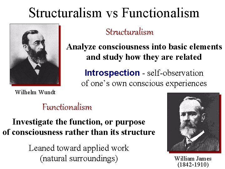 Structuralism vs Functionalism Structuralism Analyze consciousness into basic elements and study how they are