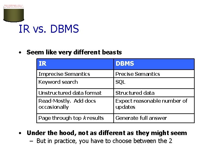 IR vs. DBMS • Seem like very different beasts IR DBMS Imprecise Semantics Precise