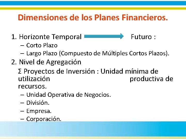 Dimensiones de los Planes Financieros. 1. Horizonte Temporal Futuro : – Corto Plazo –