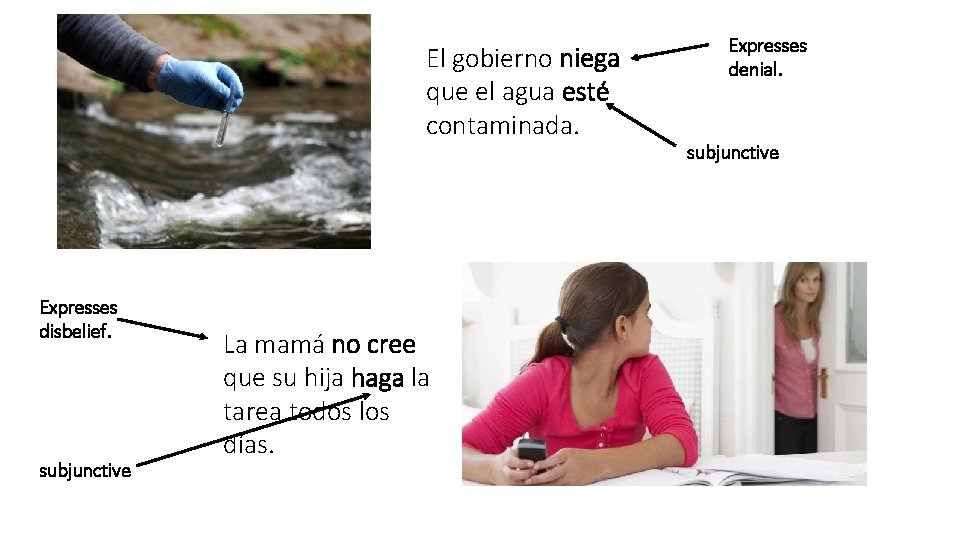 El gobierno niega que el agua esté contaminada. Expresses disbelief. subjunctive La mamá no