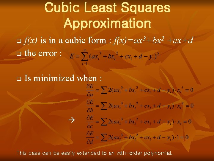 Cubic Least Squares Approximation f(x) is in a cubic form : f(x)=ax 3+bx 2