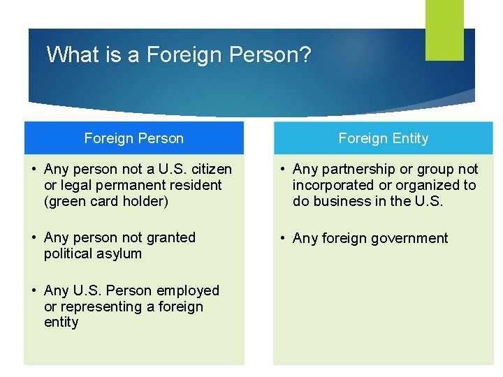 What is a Foreign Person? Foreign Person Foreign Entity • Any person not a