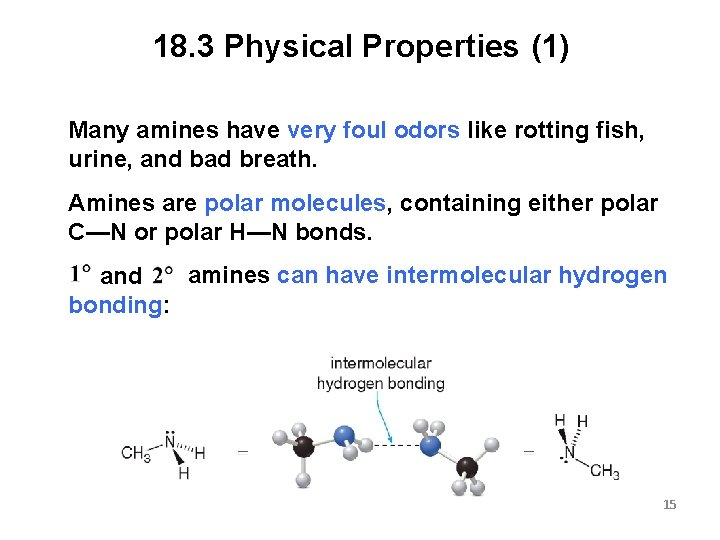 18. 3 Physical Properties (1) Many amines have very foul odors like rotting fish,