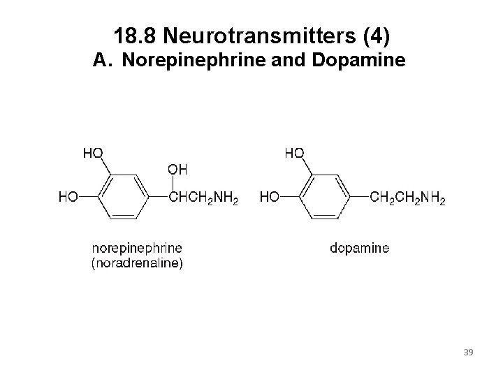 18. 8 Neurotransmitters (4) A. Norepinephrine and Dopamine 39 