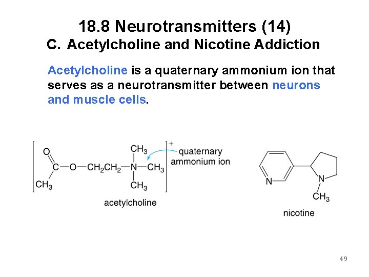 18. 8 Neurotransmitters (14) C. Acetylcholine and Nicotine Addiction Acetylcholine is a quaternary ammonium