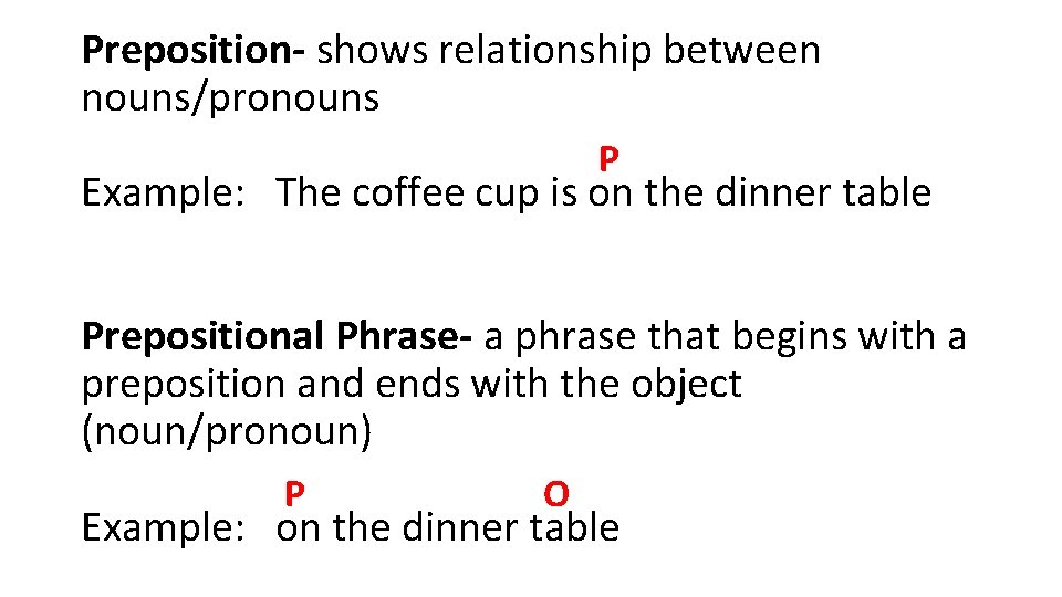 Preposition- shows relationship between nouns/pronouns P Example: The coffee cup is on the dinner