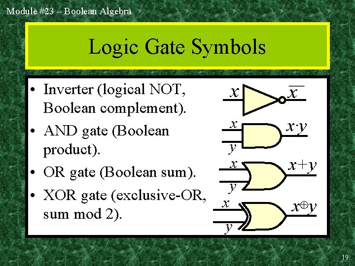 Module #23 – Boolean Algebra Logic Gate Symbols • Inverter (logical NOT, x Boolean