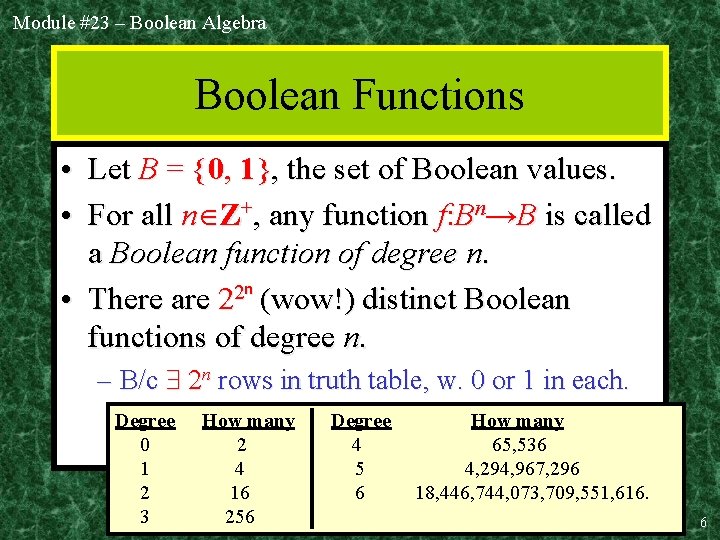 Module #23 – Boolean Algebra Boolean Functions • Let B = {0, 1}, the