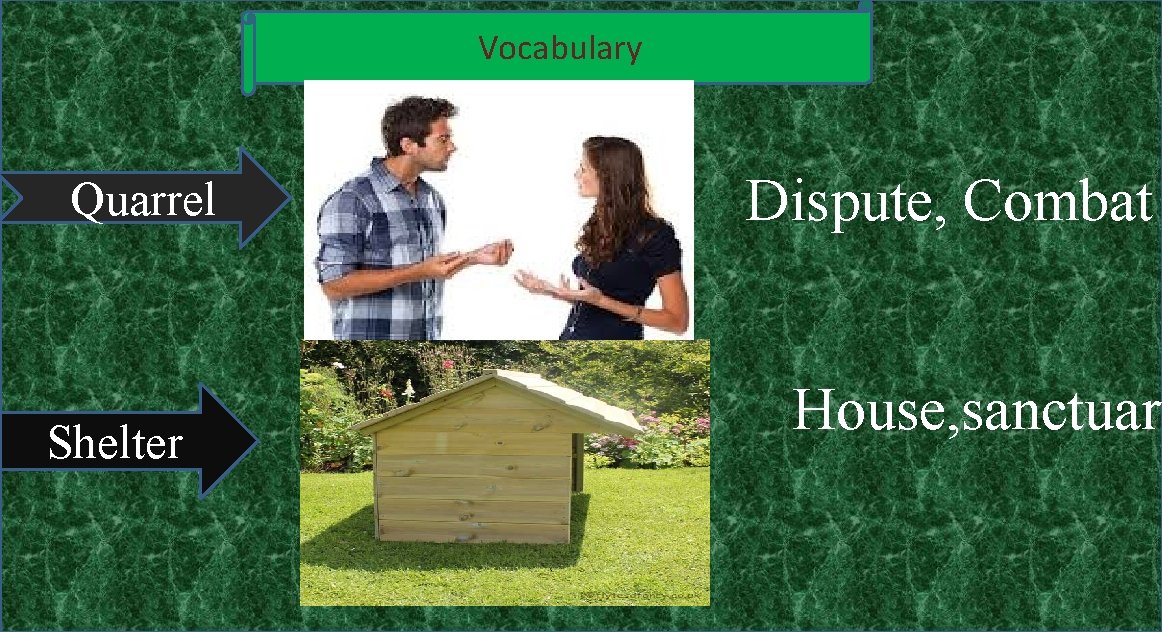 Vocabulary Quarrel Shelter Dispute, Combat House, sanctuary 