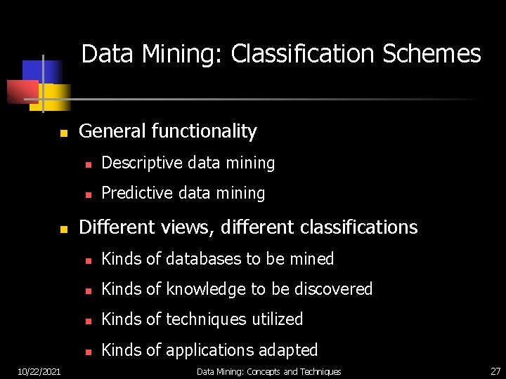 Data Mining: Classification Schemes n n 10/22/2021 General functionality n Descriptive data mining n