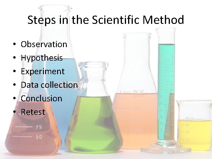 Steps in the Scientific Method • • • Observation Hypothesis Experiment Data collection Conclusion