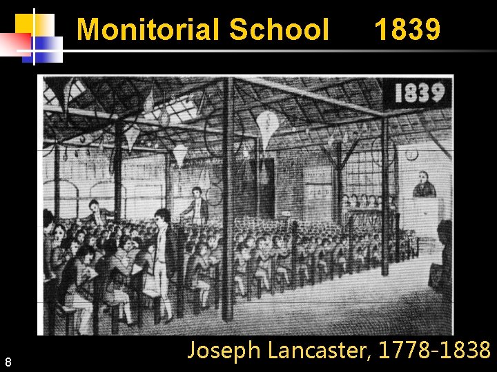 Monitorial School 8 1839 Joseph Lancaster, 1778 -1838 