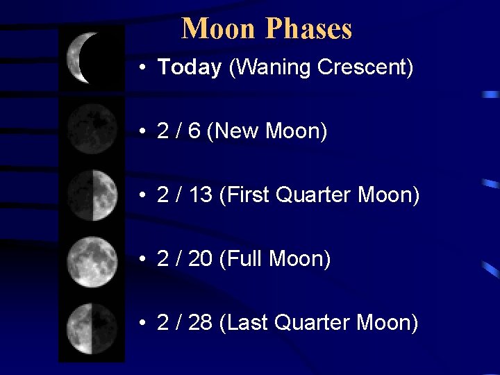 Moon Phases • Today (Waning Crescent) • 2 / 6 (New Moon) • 2