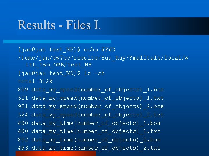 Results - Files I. [jan@jan test_NS]$ echo $PWD /home/jan/vw 7 nc/results/Sun_Ray/Smalltalk/local/w ith_two_ORB/test_NS [jan@jan test_NS]$