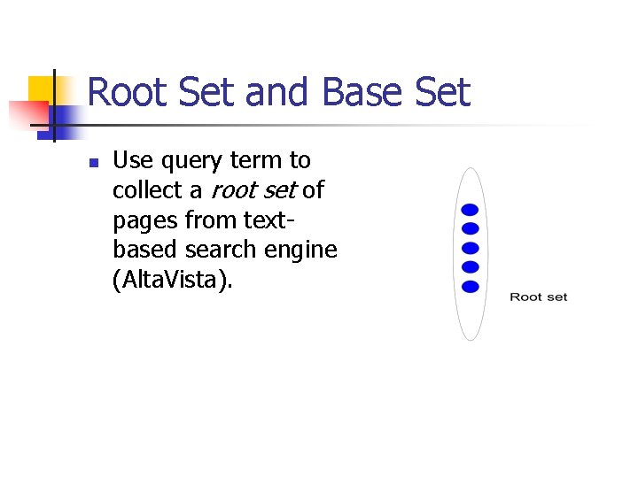 Root Set and Base Set n Use query term to collect a root set Root Set and Base Set n Use query term to collect a root set