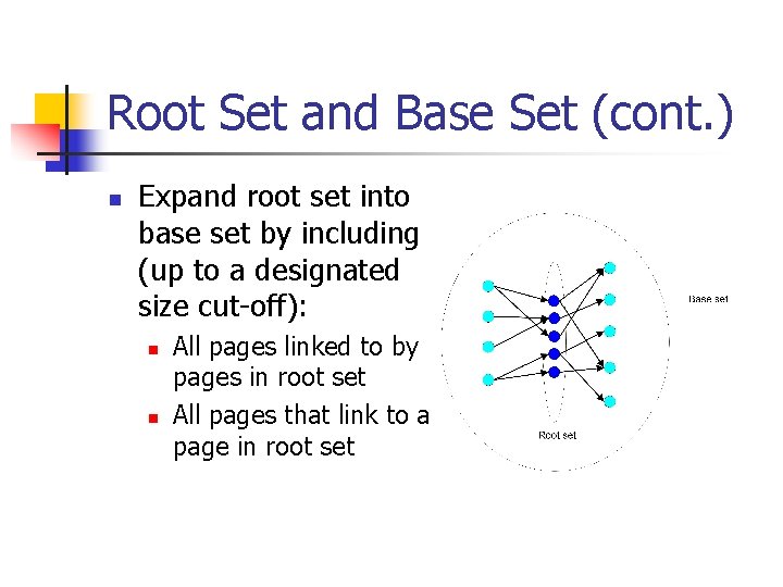 Root Set and Base Set (cont. ) n Expand root set into base set Root Set and Base Set (cont. ) n Expand root set into base set