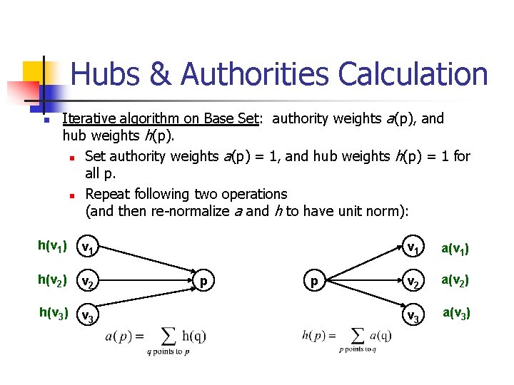 Hubs & Authorities Calculation n Iterative algorithm on Base Set: authority weights a(p), and Hubs & Authorities Calculation n Iterative algorithm on Base Set: authority weights a(p), and