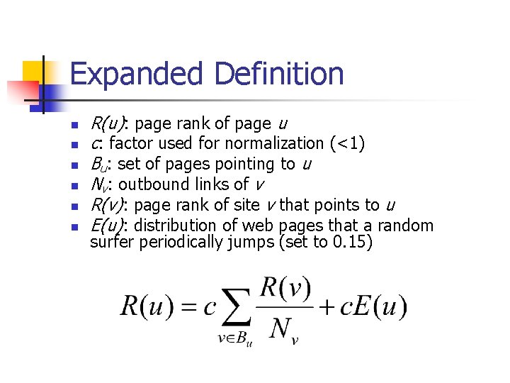 Expanded Definition n n n R(u): page rank of page u c: factor used Expanded Definition n n n R(u): page rank of page u c: factor used