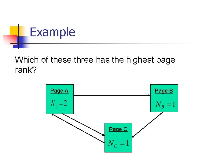 Example Which of these three has the highest page rank? Page A Page B Example Which of these three has the highest page rank? Page A Page B