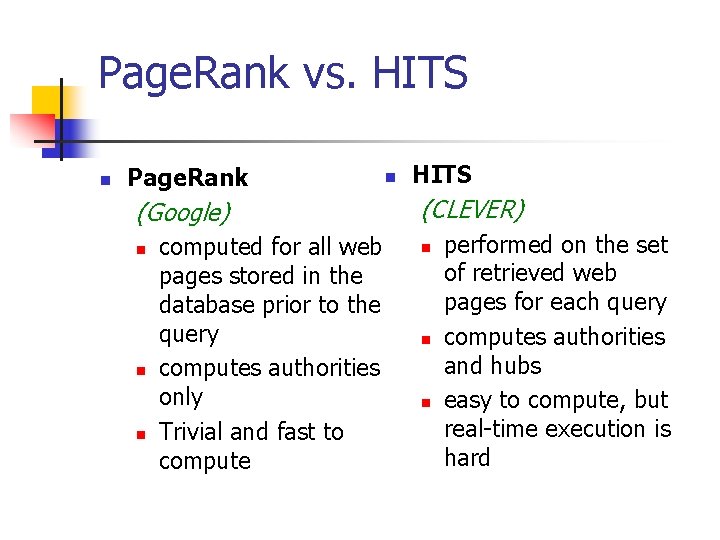 Page. Rank vs. HITS n Page. Rank (Google) n n n computed for all Page. Rank vs. HITS n Page. Rank (Google) n n n computed for all