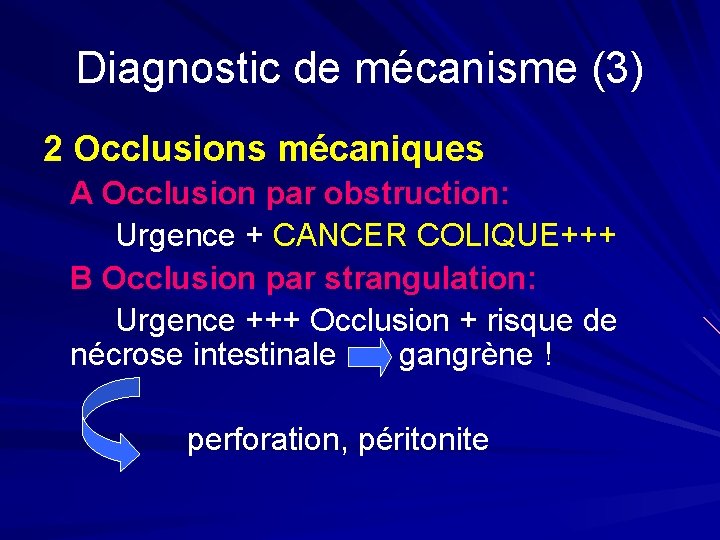 Diagnostic de mécanisme (3) 2 Occlusions mécaniques A Occlusion par obstruction: Urgence + CANCER