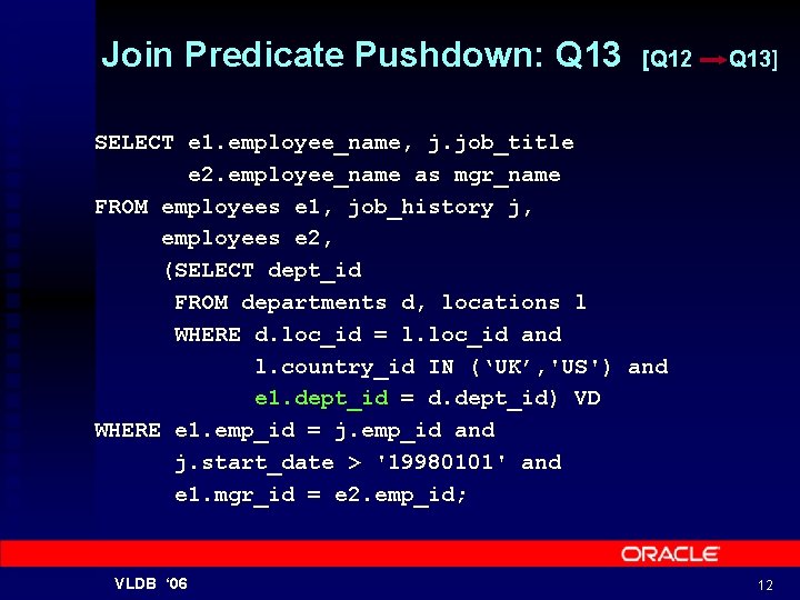 Join Predicate Pushdown: Q 13 [Q 12 Q 13] SELECT e 1. employee_name, j.