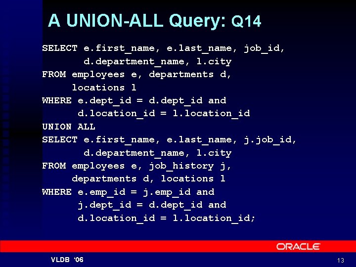 A UNION-ALL Query: Q 14 SELECT e. first_name, e. last_name, job_id, d. department_name, l.