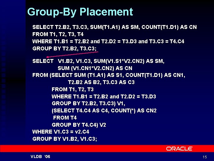 Group-By Placement SELECT T 2. B 2, T 3. C 3, SUM(T 1. A