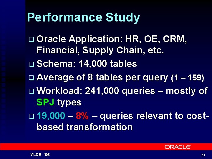 Performance Study q Oracle Application: HR, OE, CRM, Financial, Supply Chain, etc. q Schema: